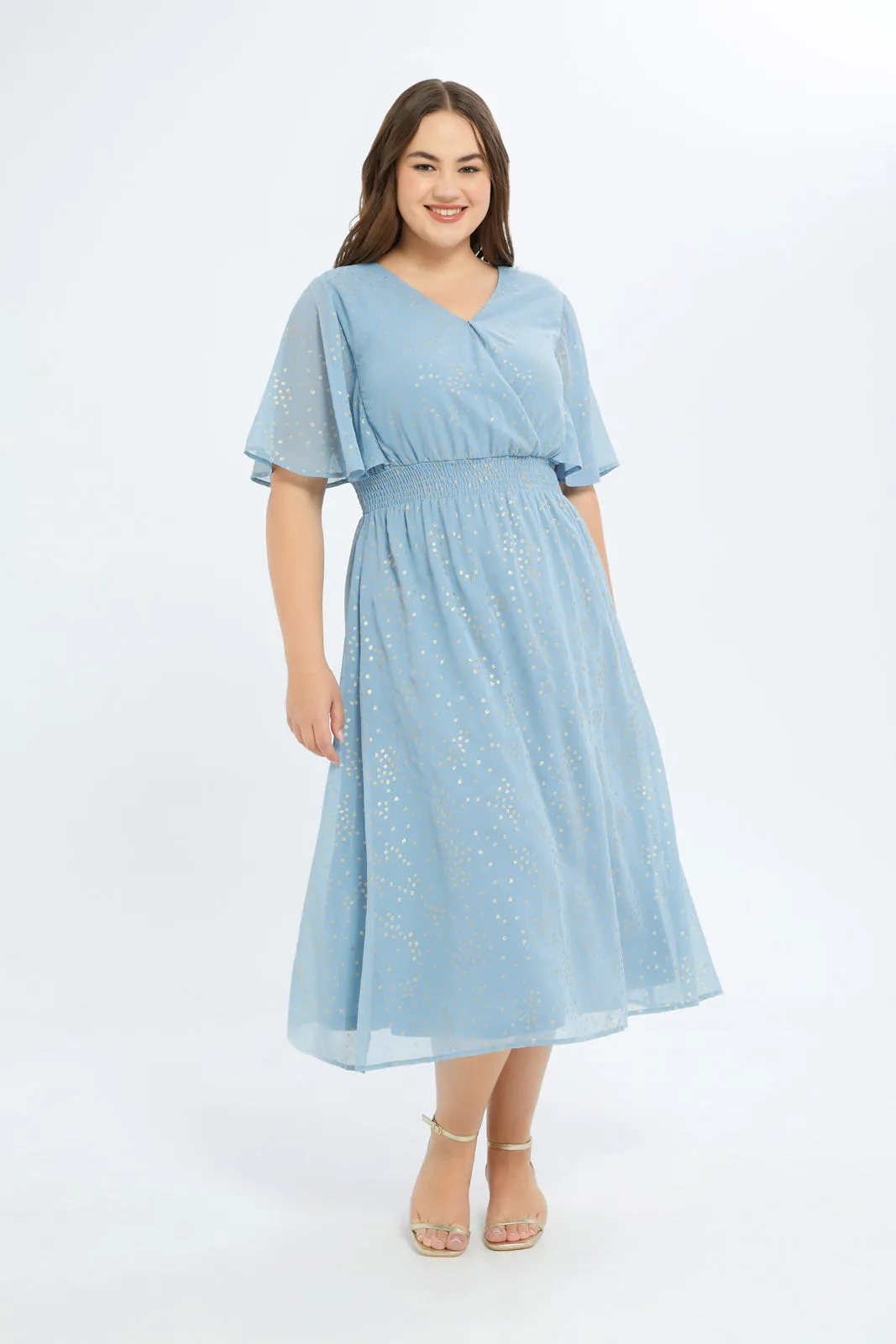 Women Blue Foil Print Flared Sleeve Ruffle Hem Dress