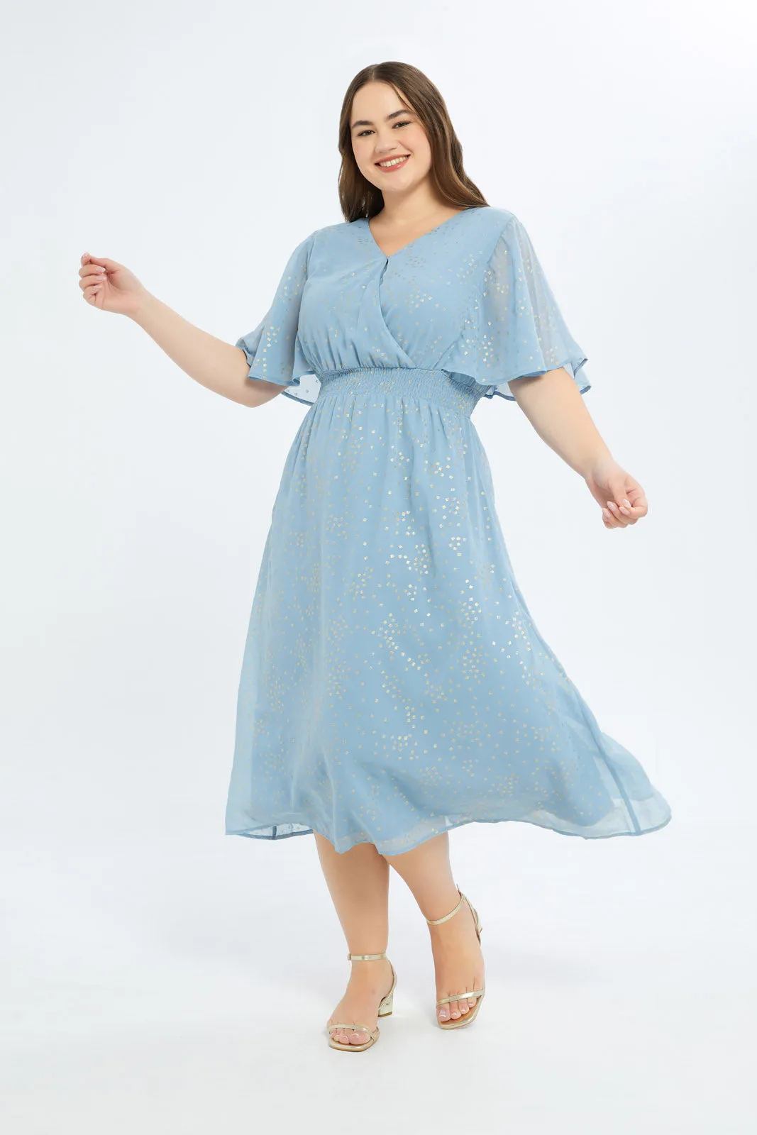 Women Blue Foil Print Flared Sleeve Ruffle Hem Dress