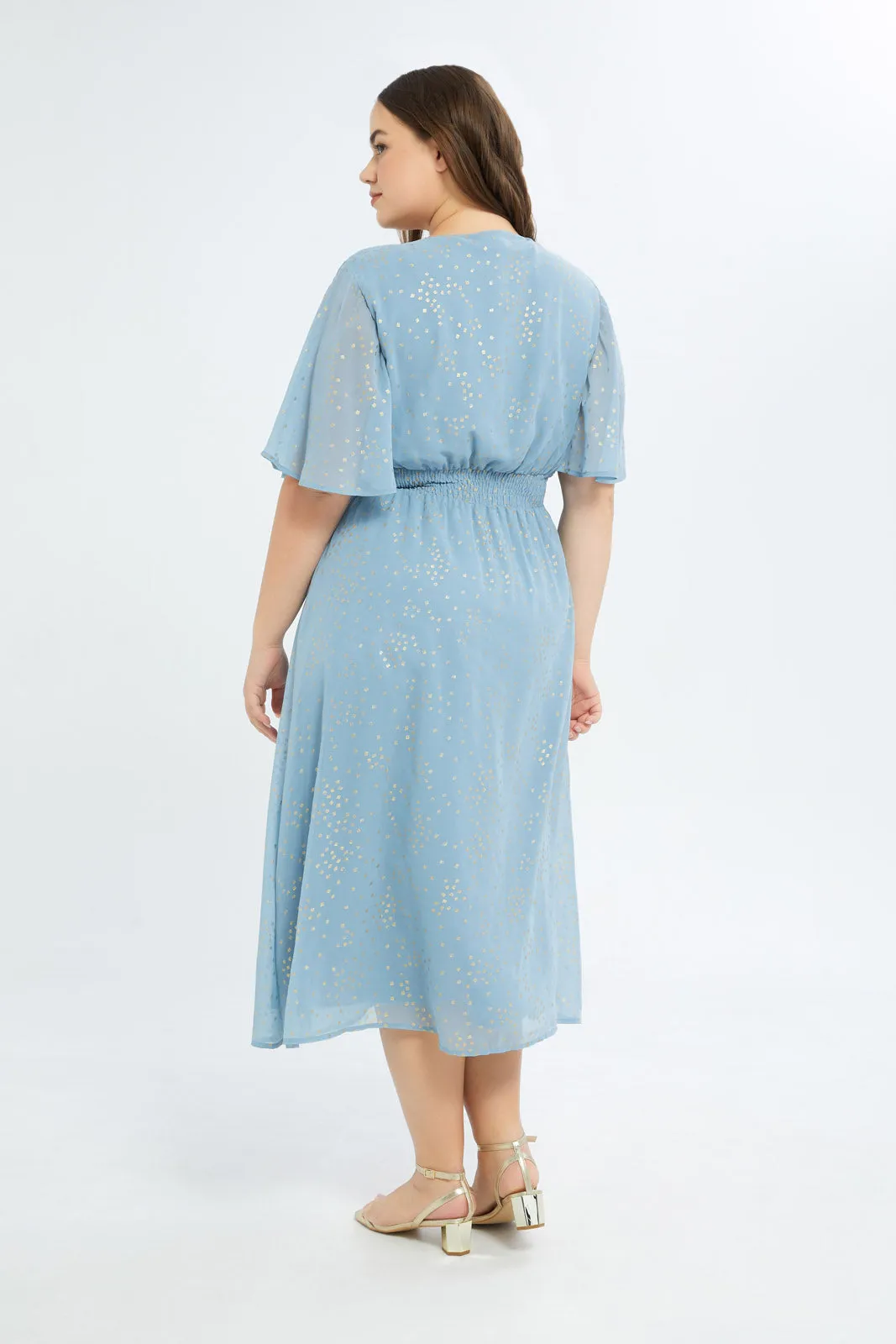 Women Blue Foil Print Flared Sleeve Ruffle Hem Dress