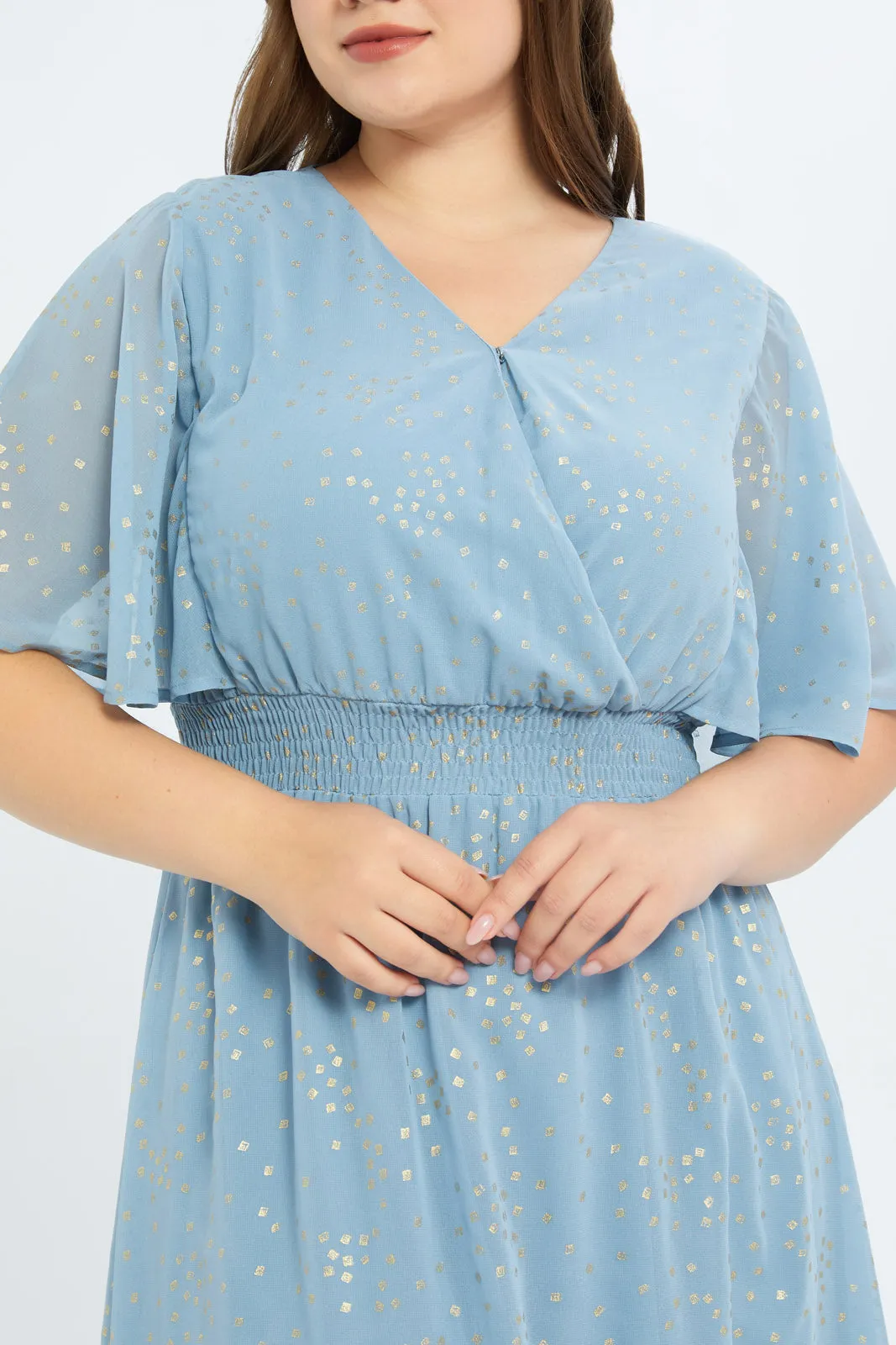 Women Blue Foil Print Flared Sleeve Ruffle Hem Dress