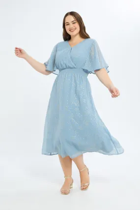 Women Blue Foil Print Flared Sleeve Ruffle Hem Dress