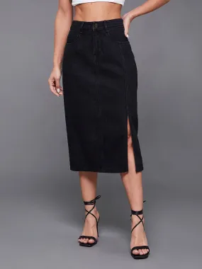 Women's Black Straight Fit High Rise Stretchable Denim Midi Skirt
