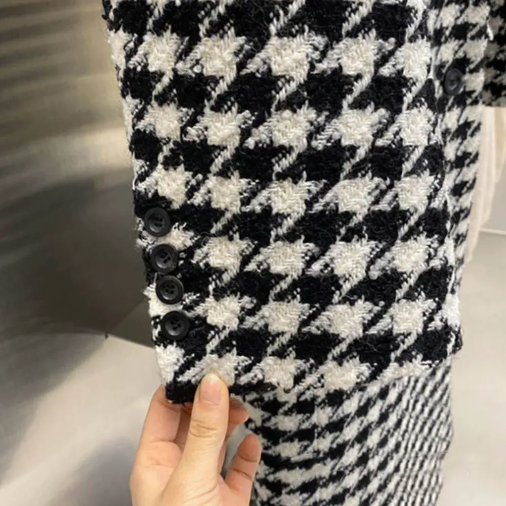 Womens Houndstooth Pattern Long Coat