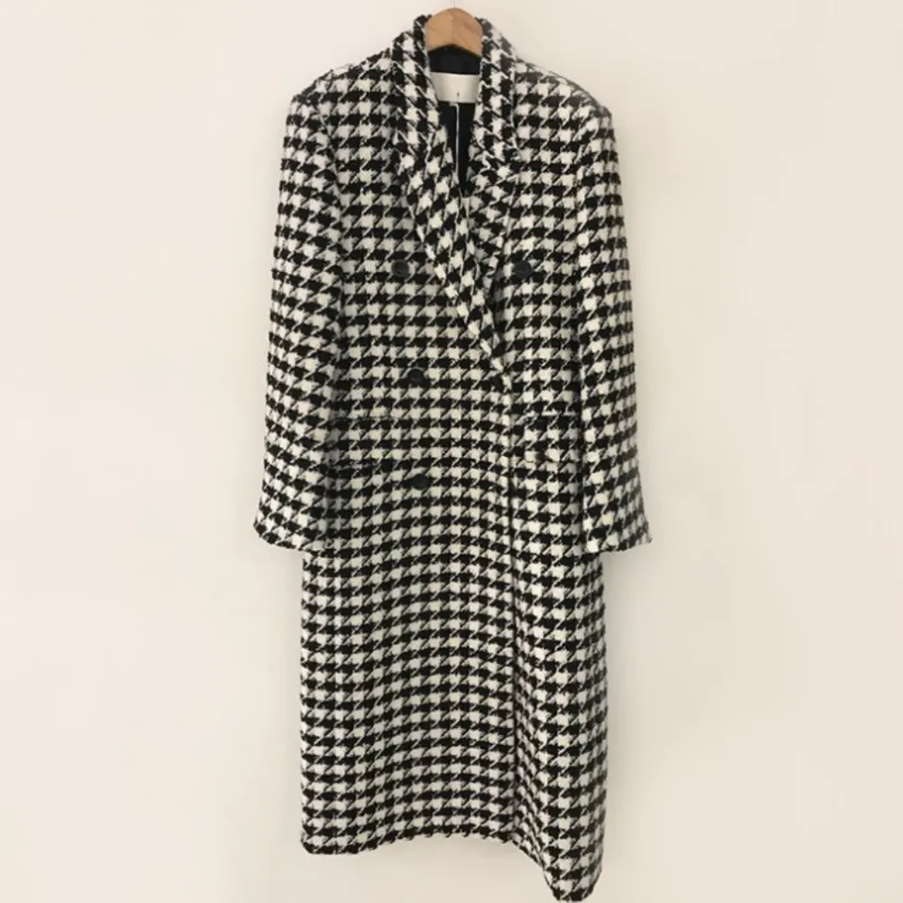 Womens Houndstooth Pattern Long Coat