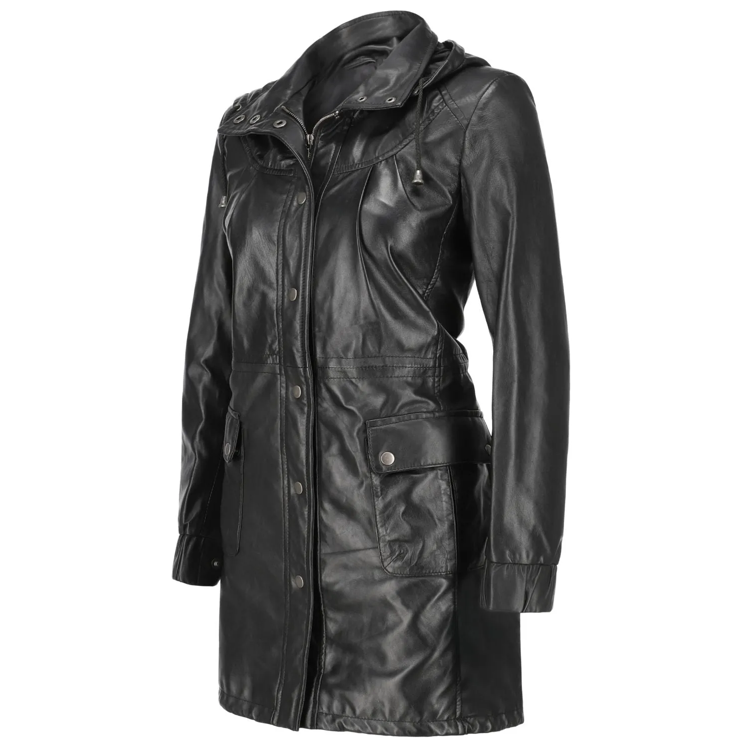 Women's Real Black Leather Trench Coat with Removable Hood