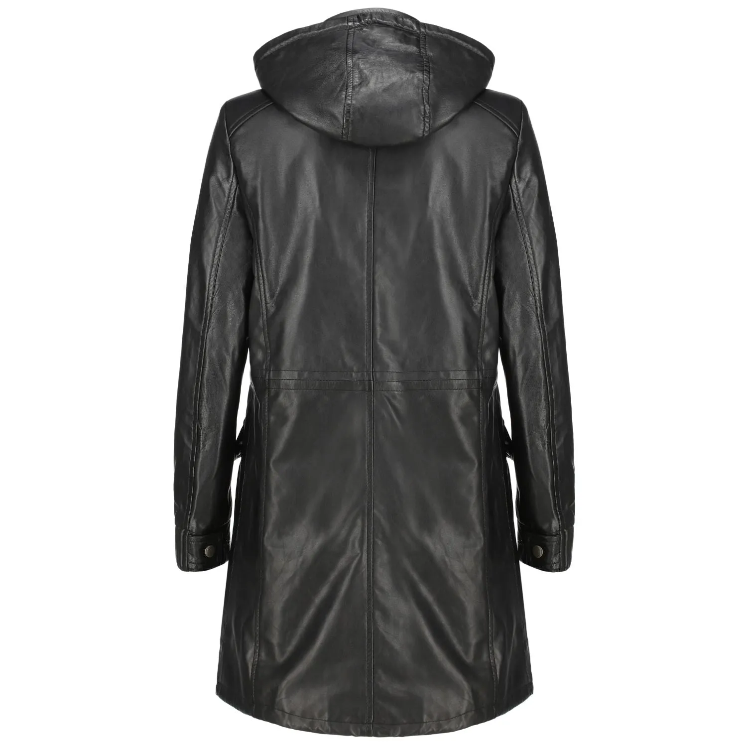 Women's Real Black Leather Trench Coat with Removable Hood