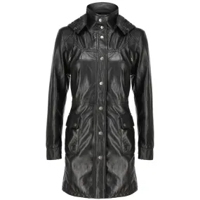 Women's Real Black Leather Trench Coat with Removable Hood