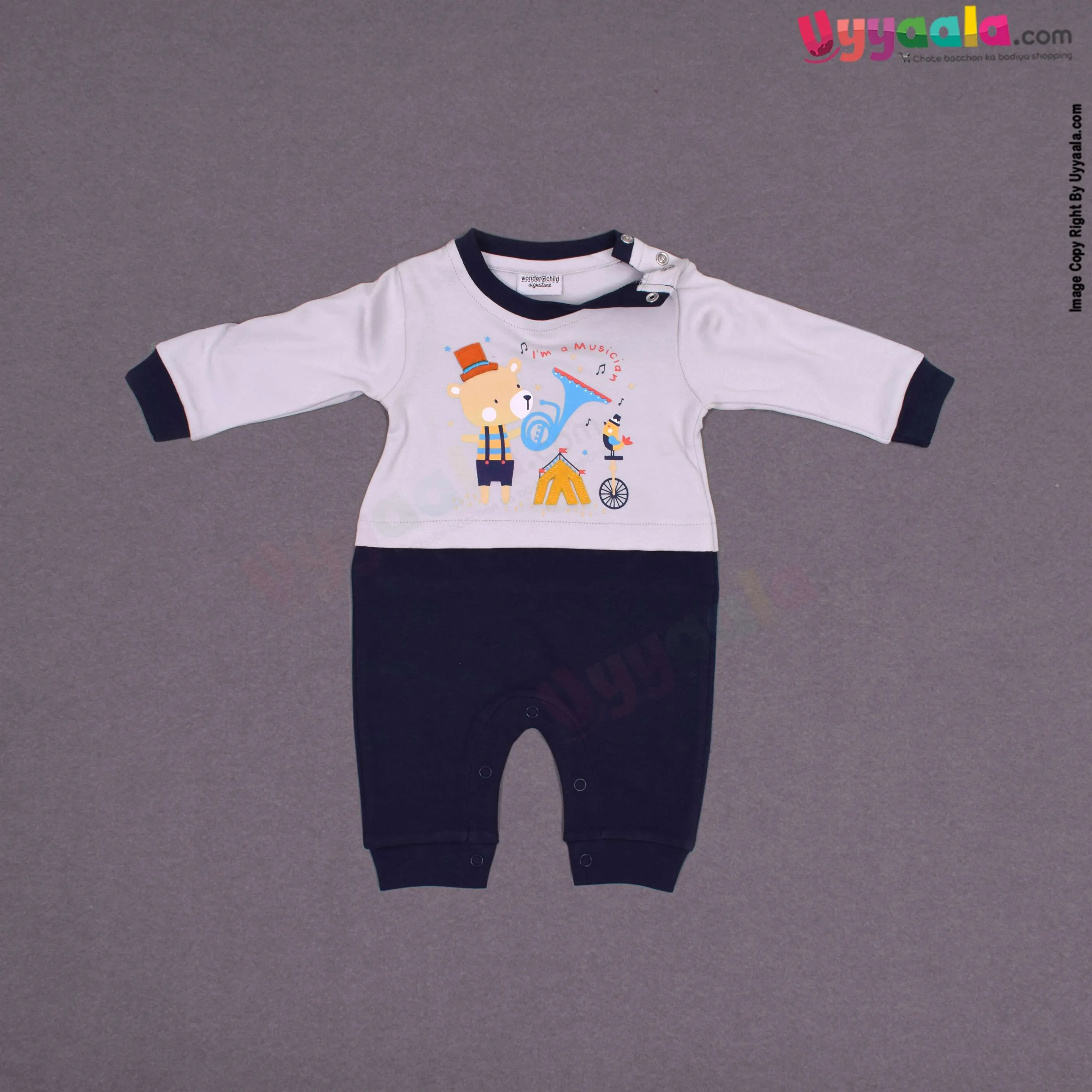 WONDER CHILD Full romper with full sleeves for new born, cotton - grey & navy blue, new born