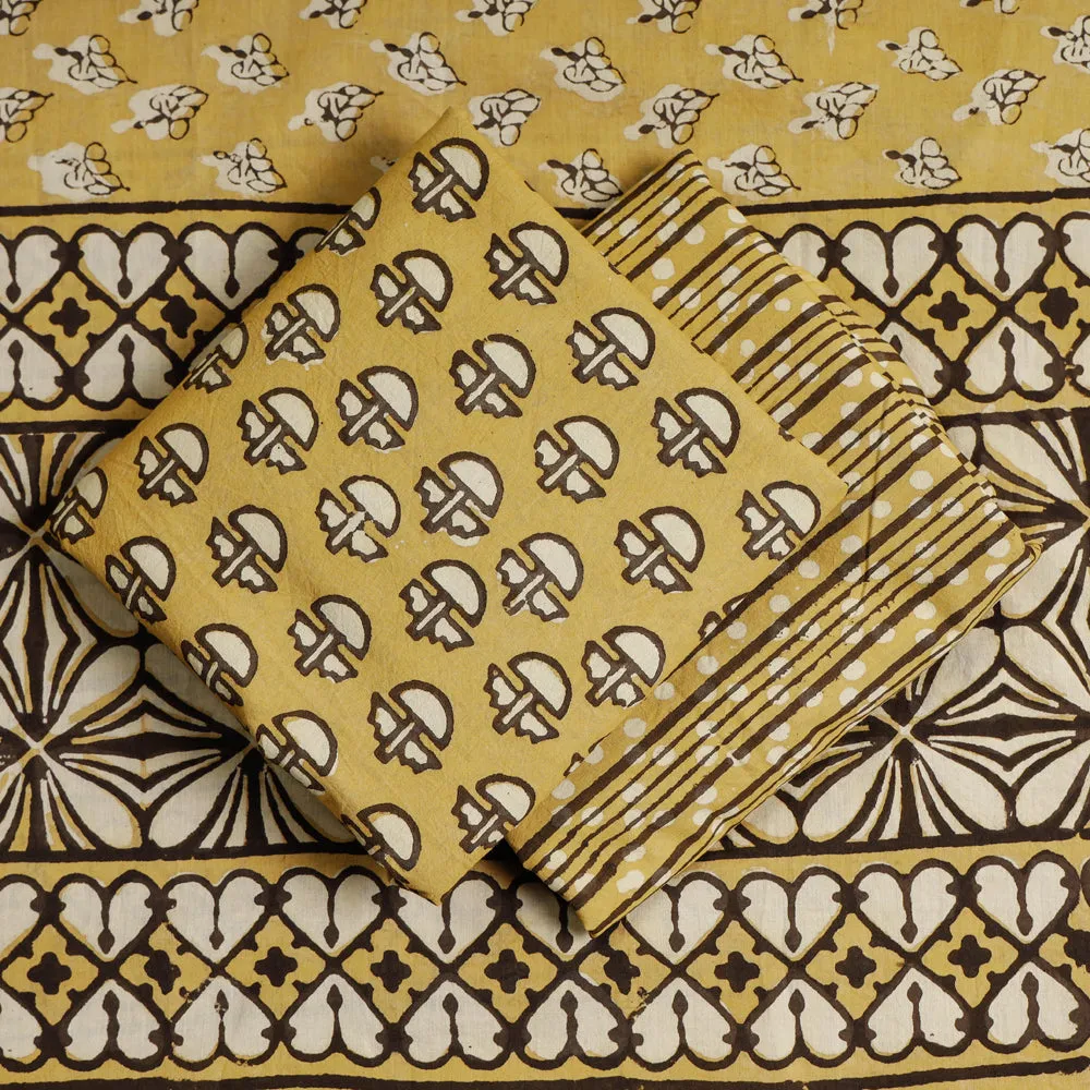 Yellow - 3pc Cotton Block Printed Pipad Dress Material Set