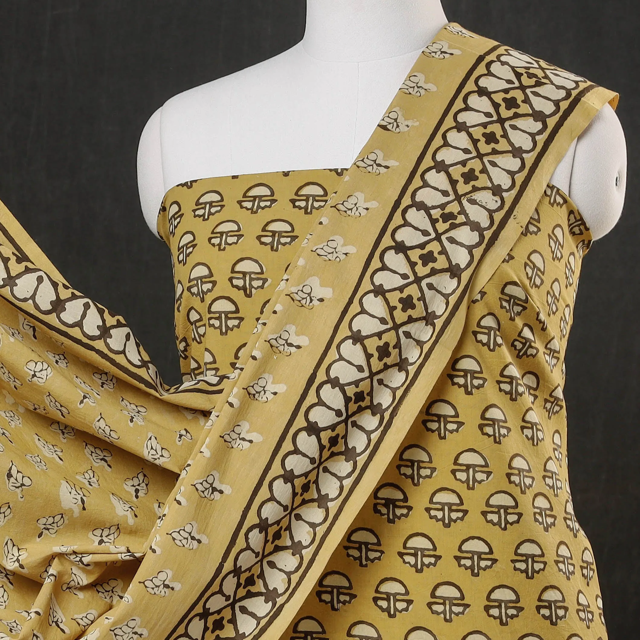 Yellow - 3pc Cotton Block Printed Pipad Dress Material Set