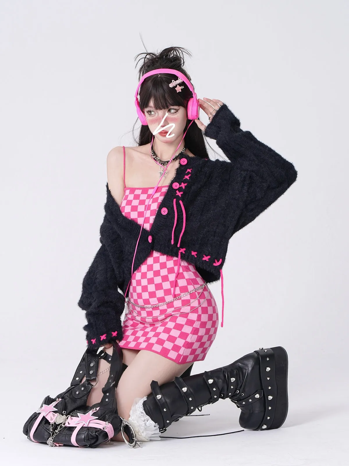 Young Eyes Hot Pink Black White Fall Checkerboard Bodycon Strap Dress & Plush Cardigan Jacket Two Piece Set