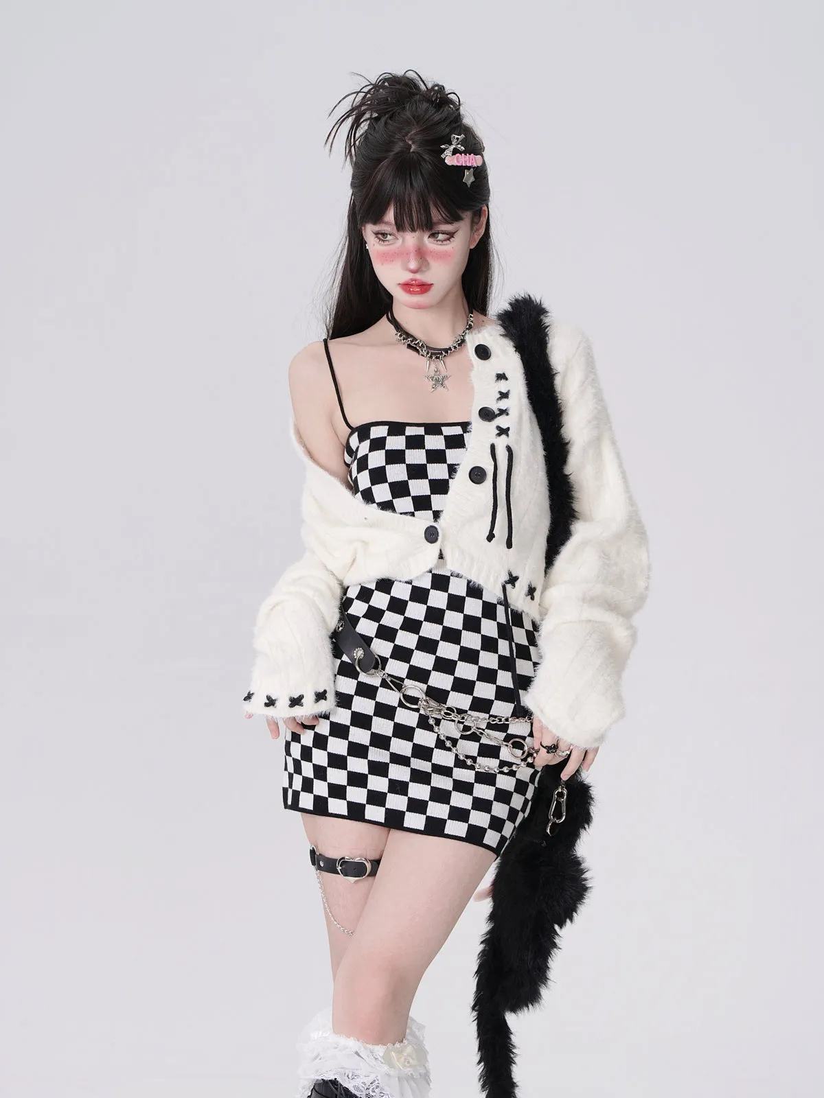 Young Eyes Hot Pink Black White Fall Checkerboard Bodycon Strap Dress & Plush Cardigan Jacket Two Piece Set